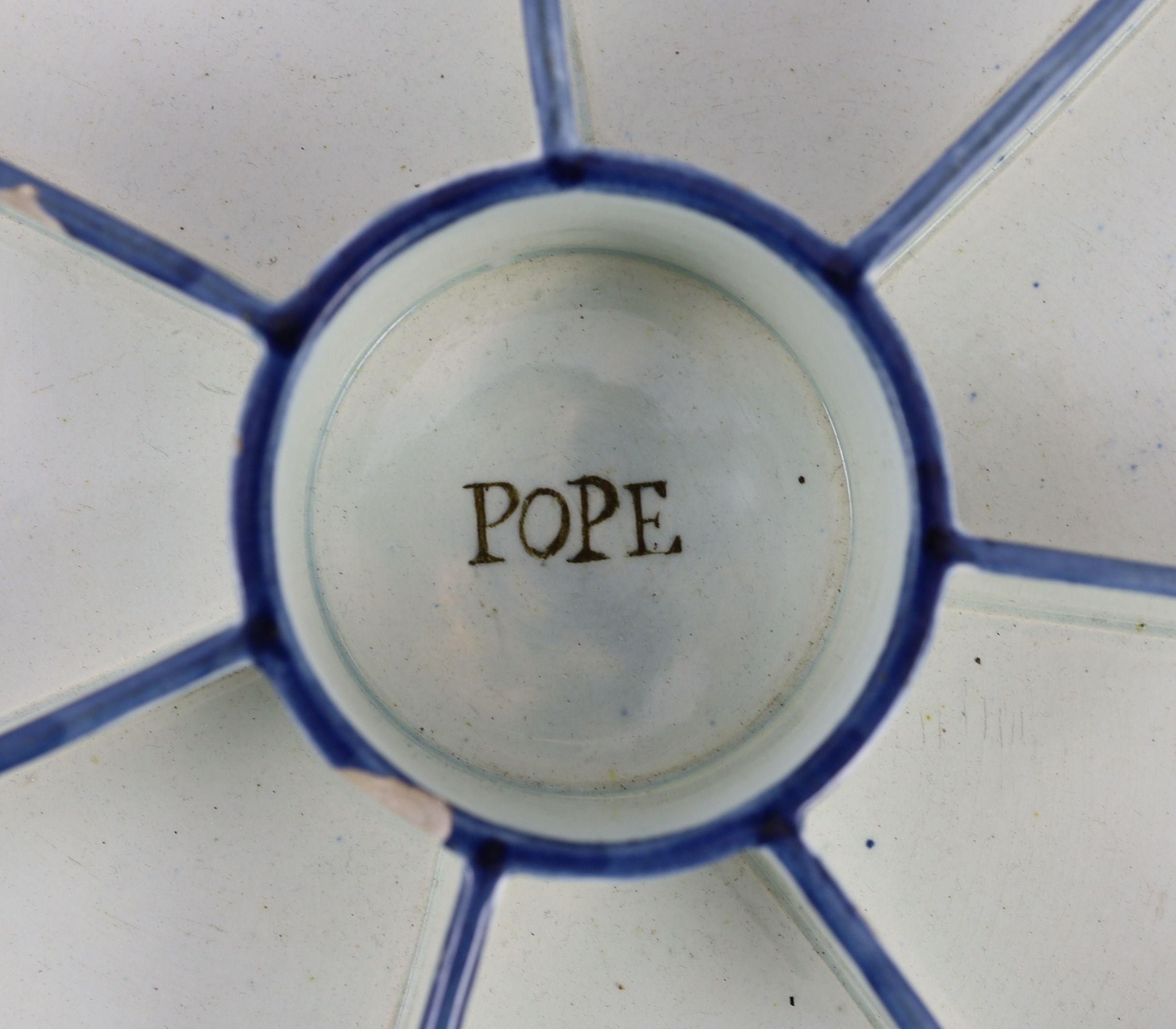 A rare pearlware dish shaped Pope Joan gaming rack, early 19th century, 26.5 cm diameter, small chips